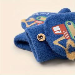 Excavator Kids Gloves Boys Girls Cartoon Half Finger Flip Knitted Warm Gloves