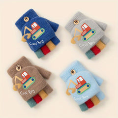 Excavator Kids Gloves Boys Girls Cartoon Half Finger Flip Knitted Warm Gloves