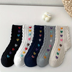 5 Pairs Girl's Cartoon Heart Knitted Socks Cotton Blend Breathable Crew Socks
