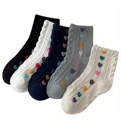 5 Pairs Girl's Cartoon Heart Knitted Socks Cotton Blend Breathable Crew Socks