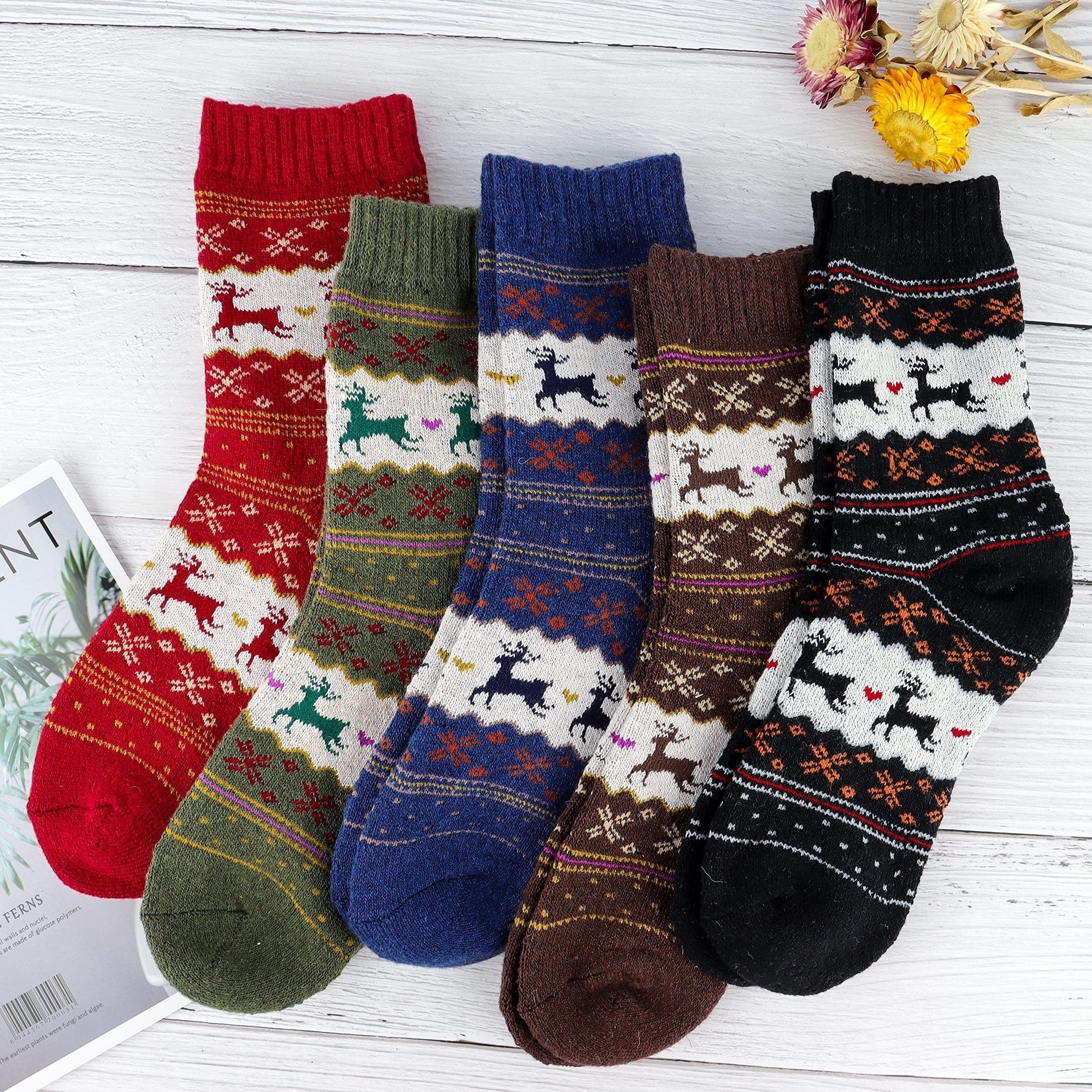 5 Pairs Men's Christmas Stripe Crew Socks Warm Thermal Breathable Casual Unisex