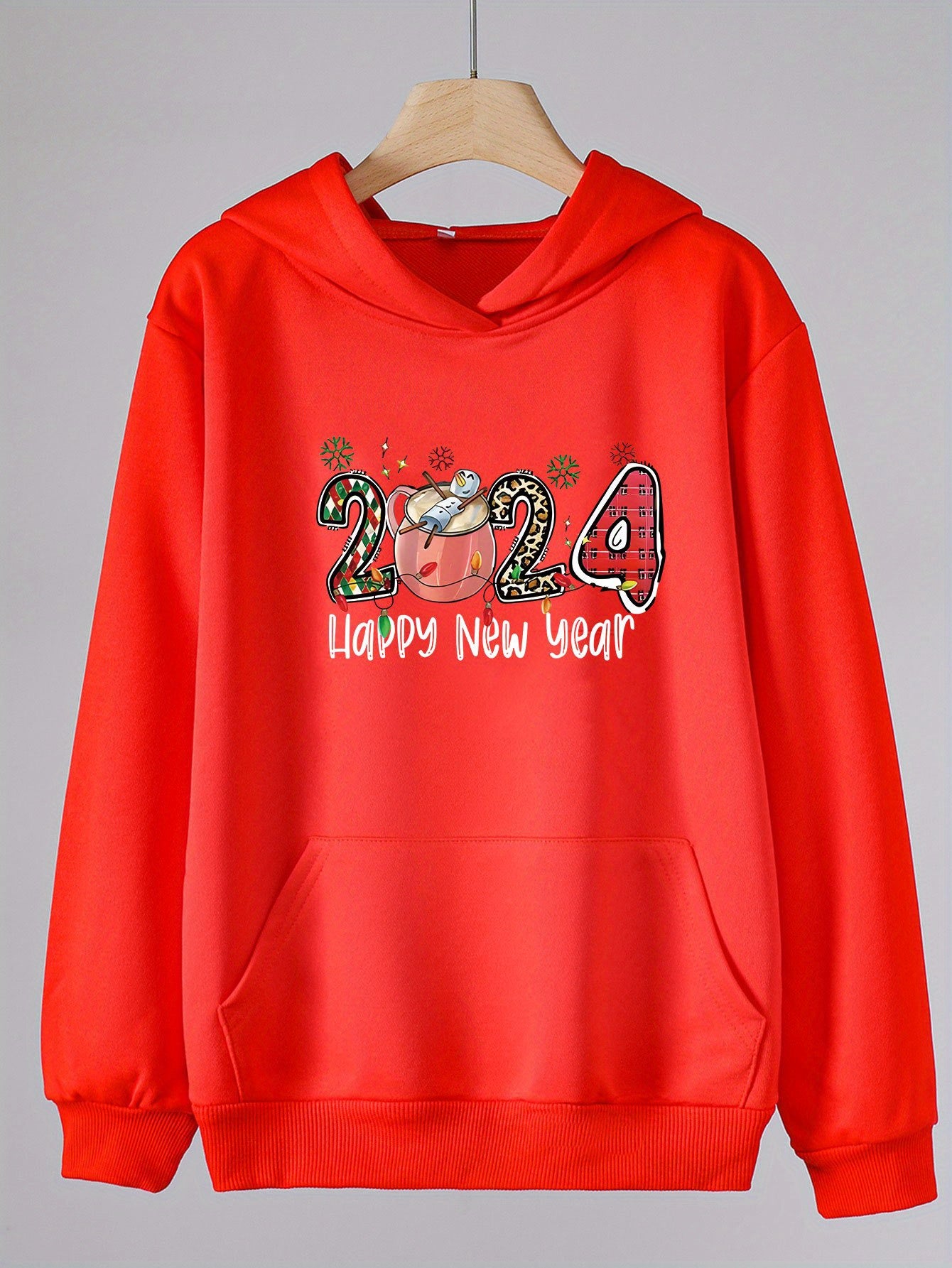 Happy Year Print Hoodie Casual Sweatshirt for Girls