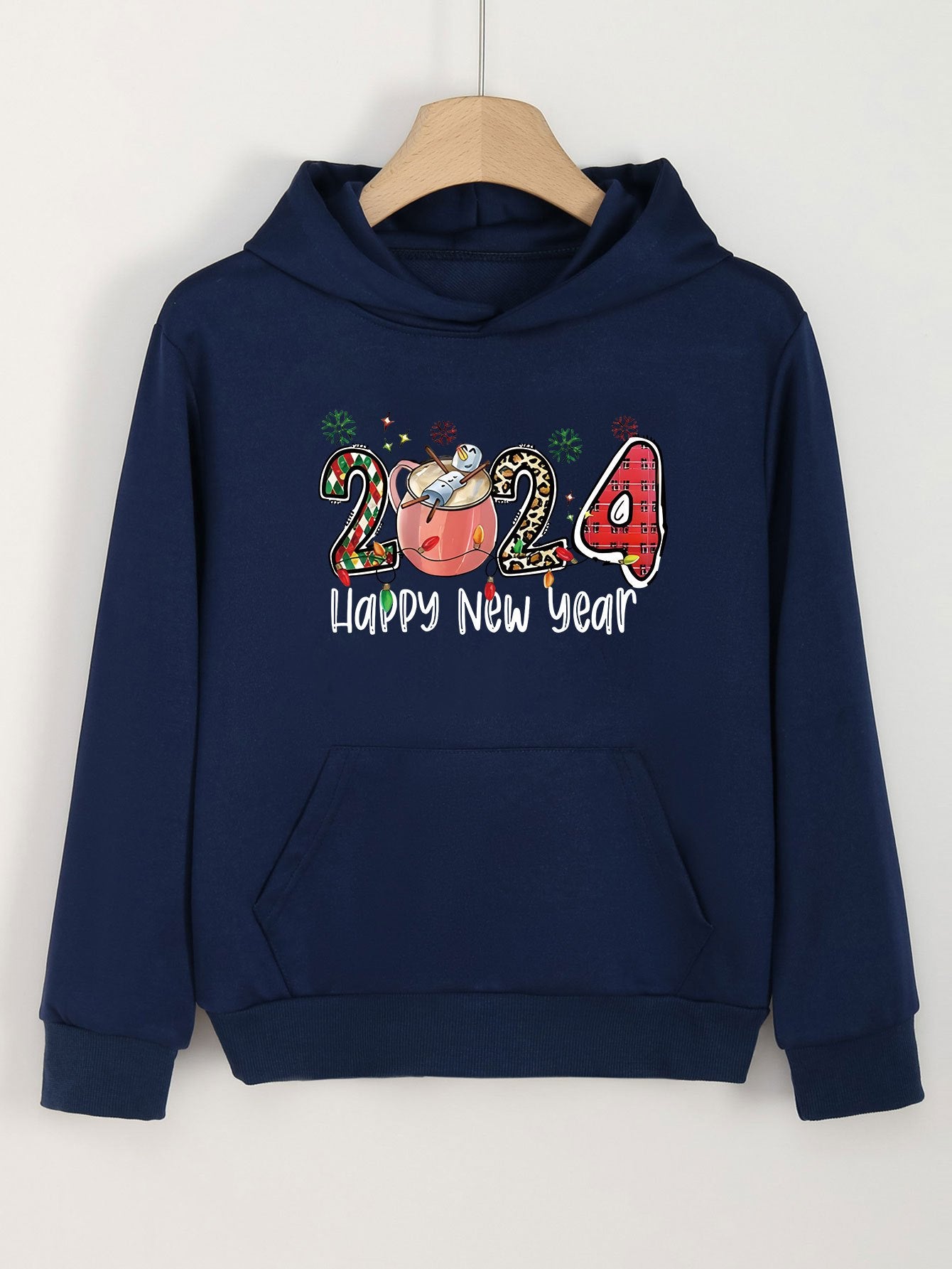 Happy Year Print Hoodie Casual Sweatshirt for Girls