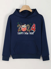 Happy Year Print Hoodie Casual Sweatshirt for Girls