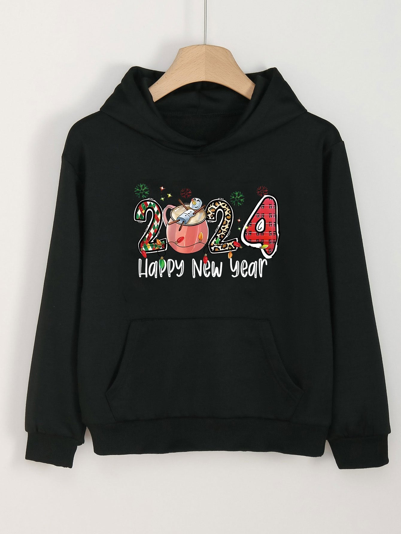 Happy Year Print Hoodie Casual Sweatshirt for Girls