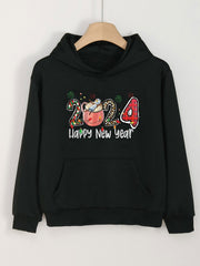 Happy Year Print Hoodie Casual Sweatshirt for Girls