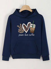 PEACE LOVE COFFEE Print Hoodies Casual Sweatshirt For Girls