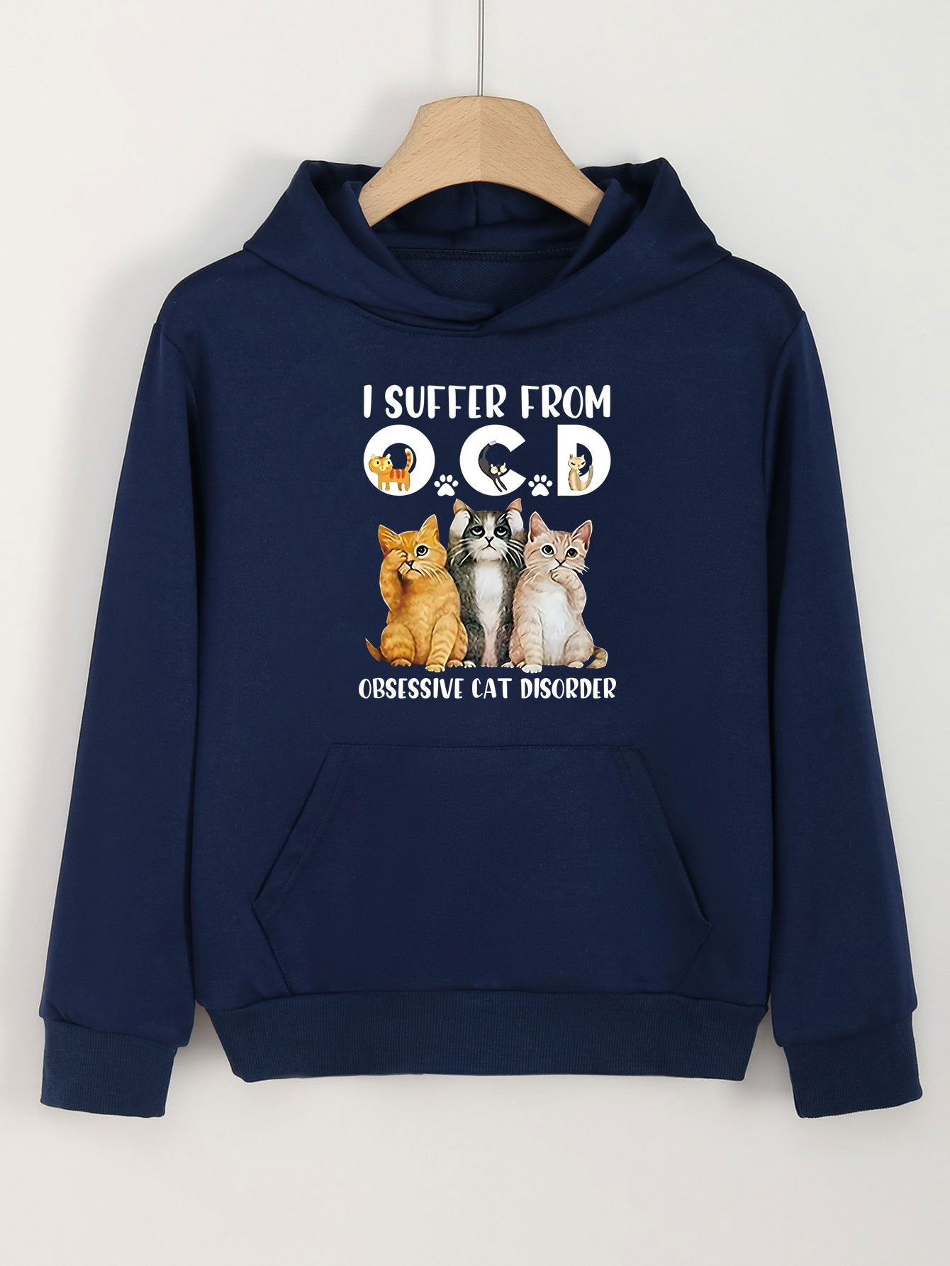 Cartoon Cat & Creative Words Print Hoodies Comfy Casual Hooded Sweatshirt