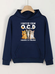 Cartoon Cat & Creative Words Print Hoodies Comfy Casual Hooded Sweatshirt