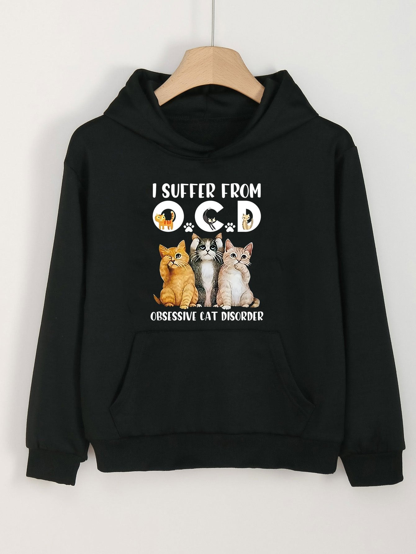 Cartoon Cat & Creative Words Print Hoodies Comfy Casual Hooded Sweatshirt