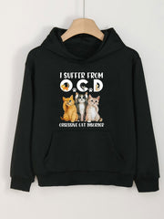 Cartoon Cat & Creative Words Print Hoodies Comfy Casual Hooded Sweatshirt