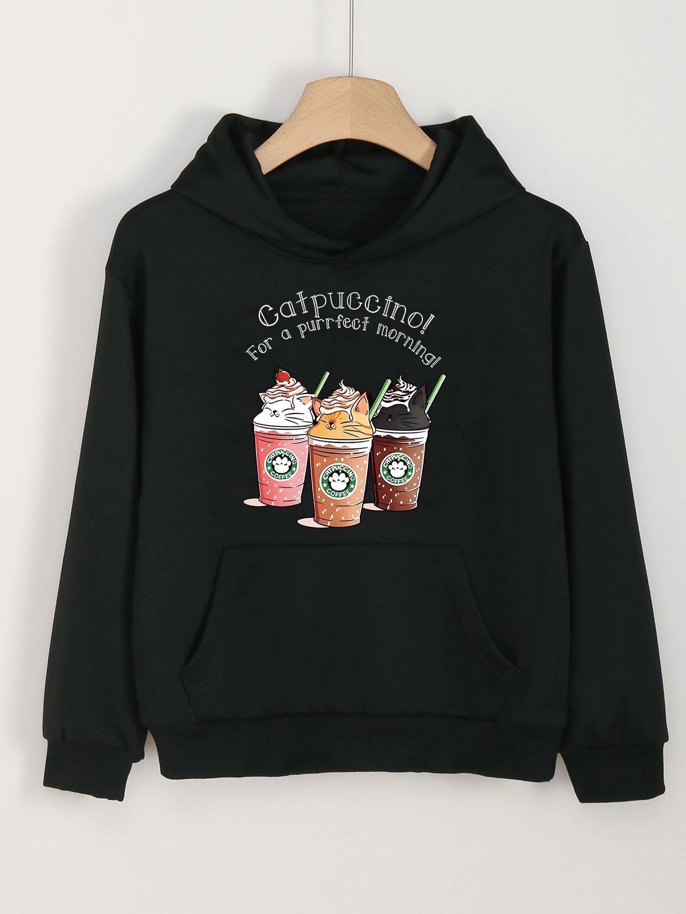 Cat Coffee Print Hoodies Casual Sweatshirt Kangaroo Pocket Pullover for Girls