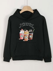 Cat Coffee Print Hoodies Casual Sweatshirt Kangaroo Pocket Pullover for Girls