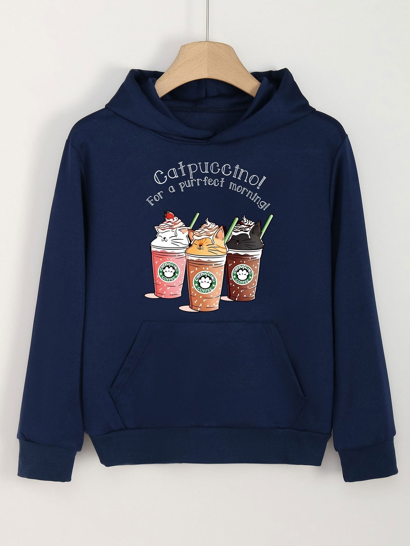 Cat Coffee Print Hoodies Casual Sweatshirt Kangaroo Pocket Pullover for Girls