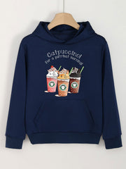 Cat Coffee Print Hoodies Casual Sweatshirt Kangaroo Pocket Pullover for Girls
