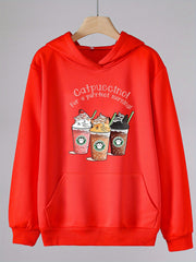Cat Coffee Print Hoodies Casual Sweatshirt Kangaroo Pocket Pullover for Girls