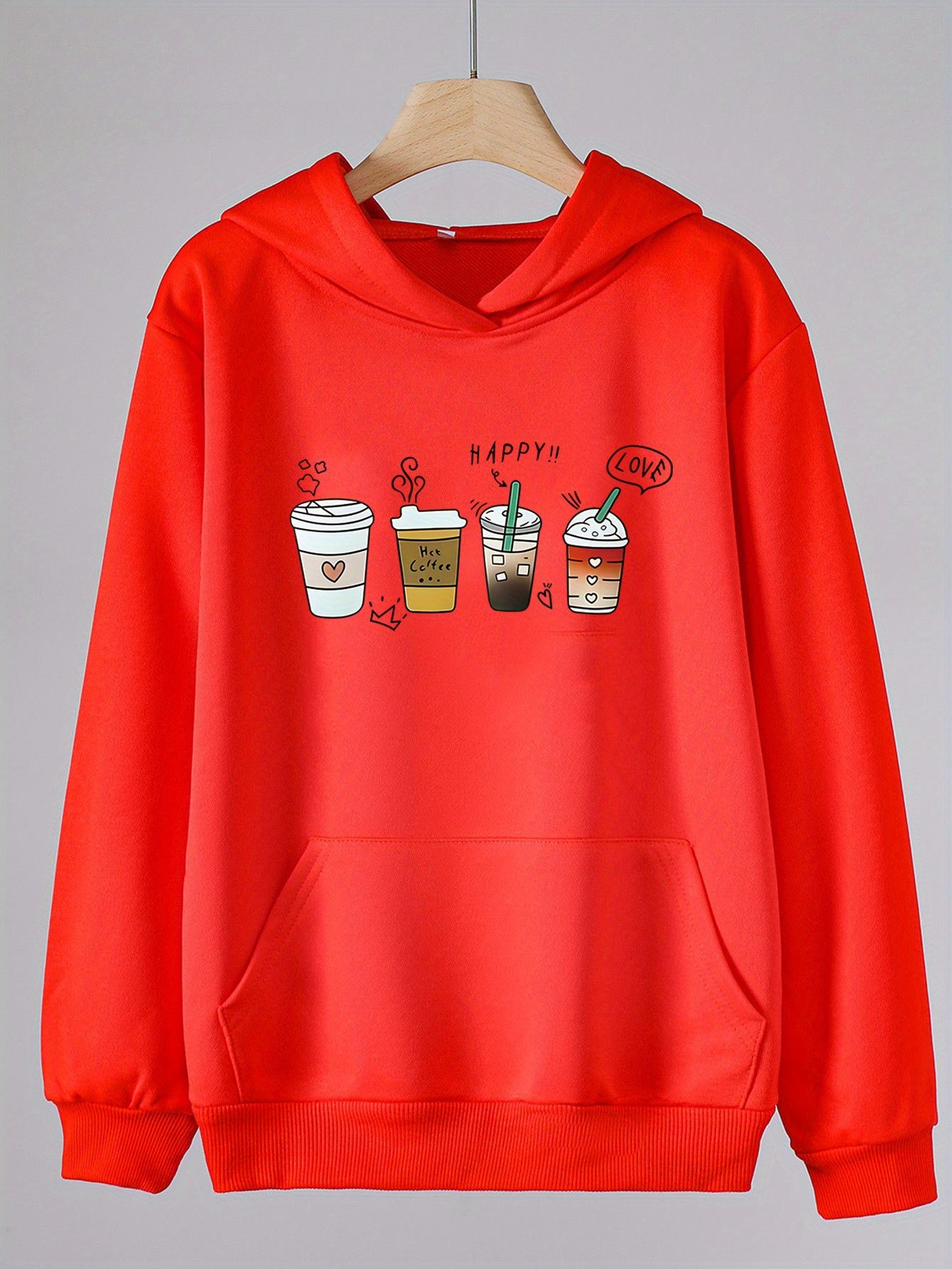 Coffee Print Hoodies Comfy Casual Hooded Sweatshirt Kangaroo Pocket Pullover