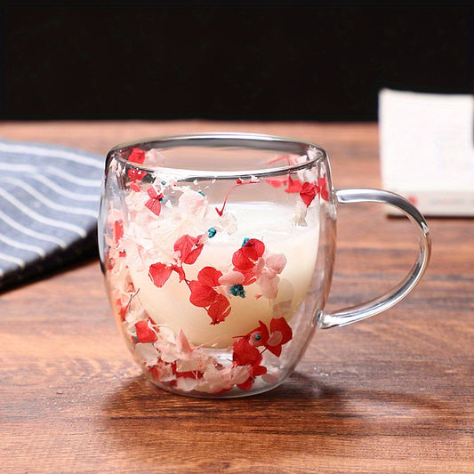 250ml Real Flower Double Layer Glass Cup with Handle