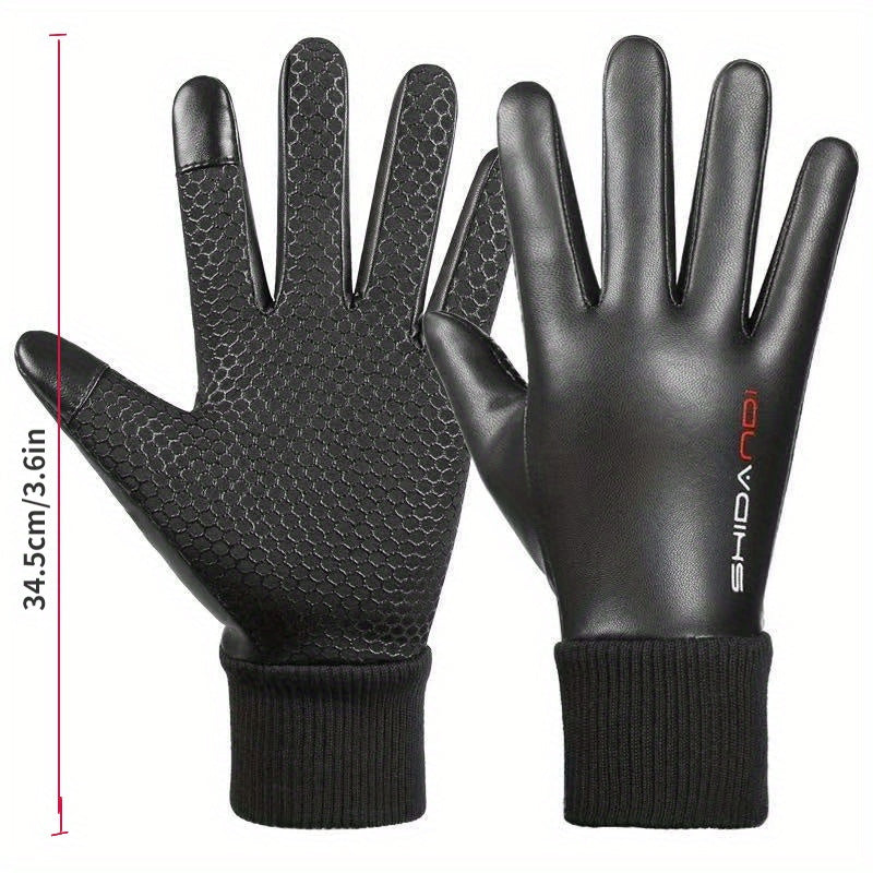 Men's Full Finger Cycling Gloves Autumn/Winter Warm Waterproof PU Leather