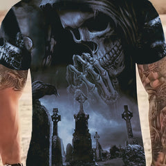 Men's 3D Skull & Tomb Tee for Summer Outdoor Activities