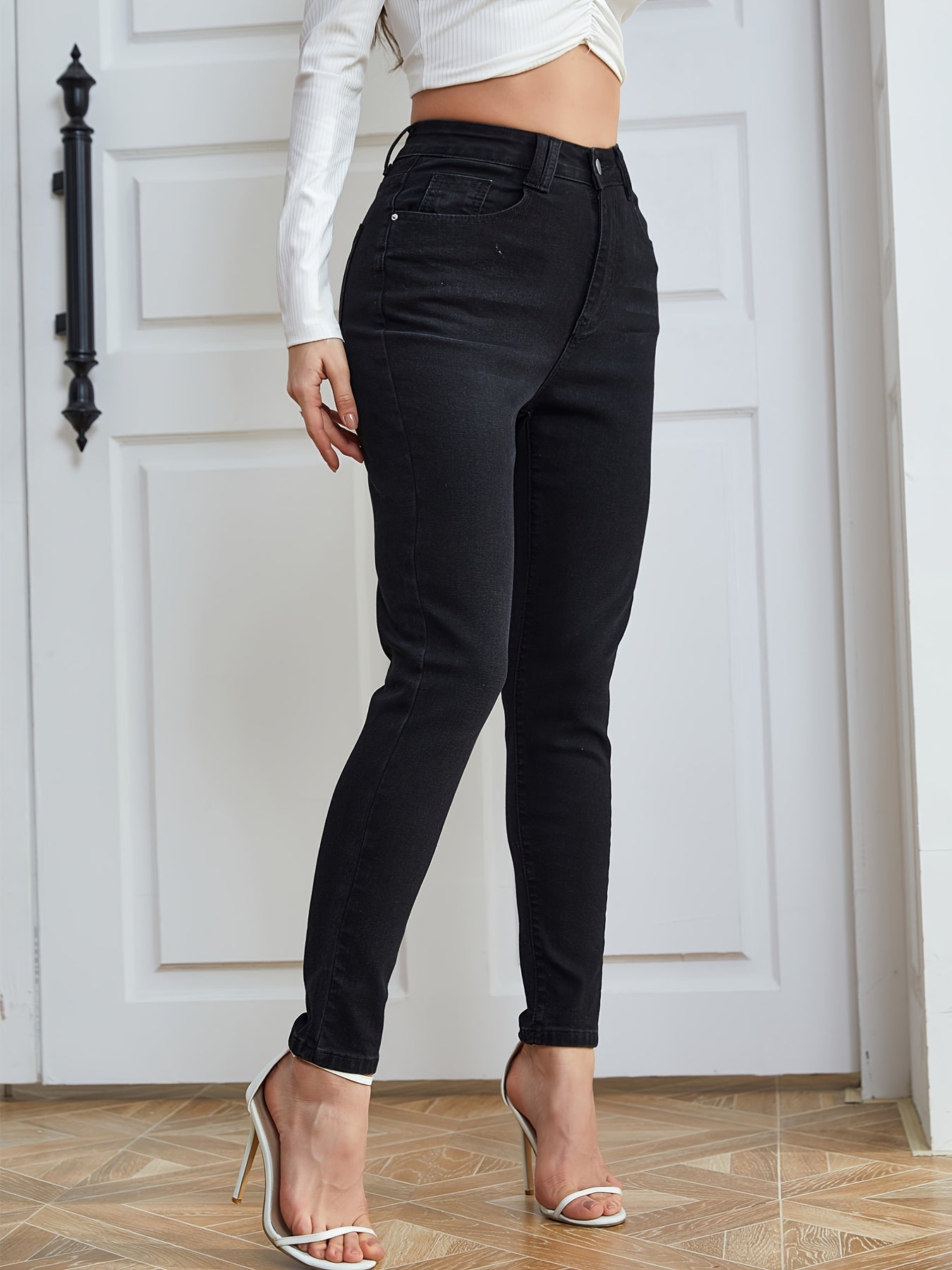 High Waist Skinny Jeans Slash Pockets Stretchy