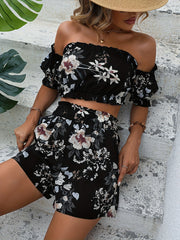 Floral Print Off Shoulder Crop Top & Elastic Shorts Set Women's Clothing