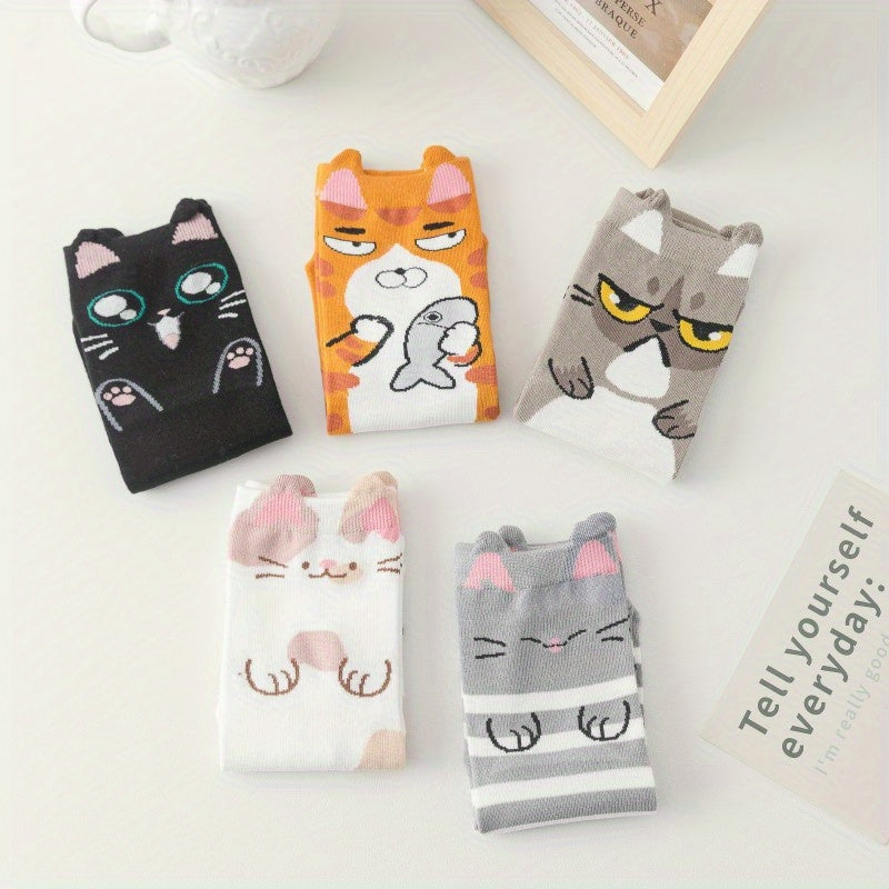 Girl's Cartoon Cat Striped Knitted Socks - Comfy Crew Socks