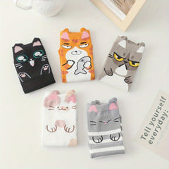 Girl's Cartoon Cat Striped Knitted Socks - Comfy Crew Socks