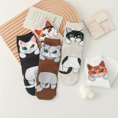 Girl's Cartoon Cat Striped Knitted Socks - Comfy Crew Socks