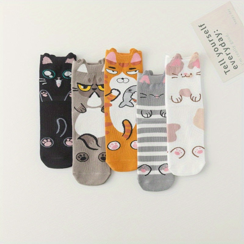Girl's Cartoon Cat Striped Knitted Socks - Comfy Crew Socks