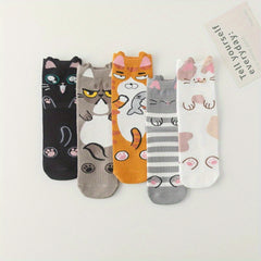 Girl's Cartoon Cat Striped Knitted Socks - Comfy Crew Socks