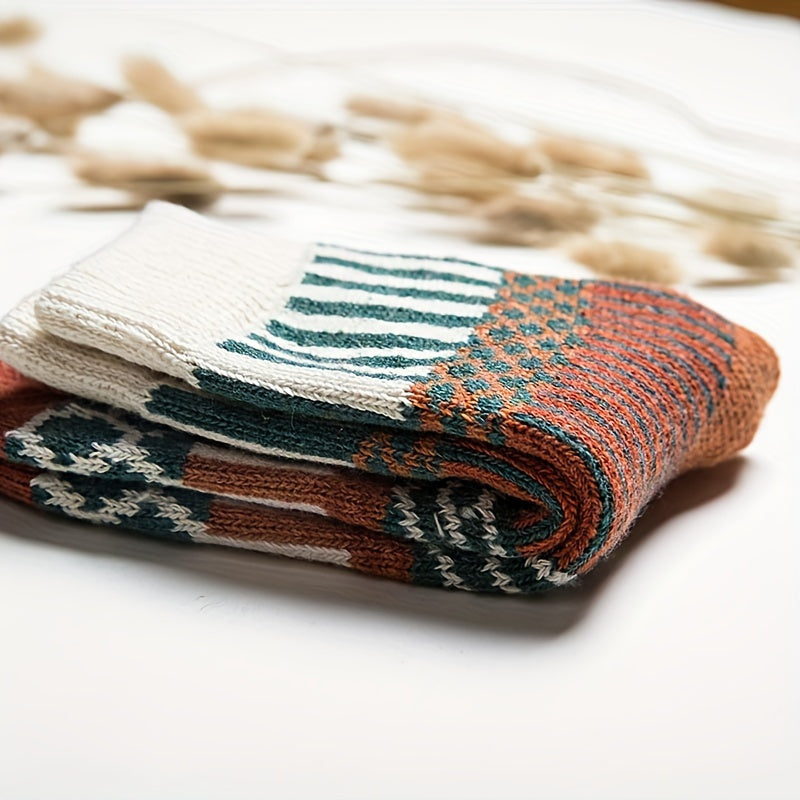 Men's Ethnic Stripe Crew Socks Wool Blend Warm Breathable Casual Outdoor Wear