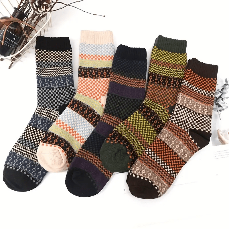 5 Pairs Men's Striped Crew Socks Wool Blend Warm Breathable Casual Unisex