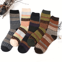 5 Pairs Men's Striped Crew Socks Wool Blend Warm Breathable Casual Unisex