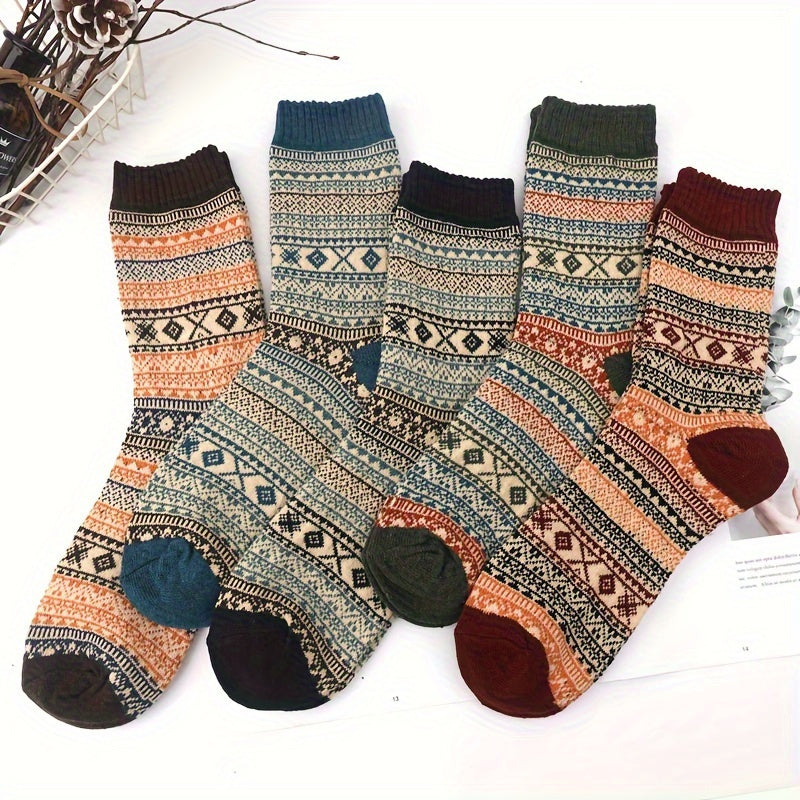 5 Pairs Men's Striped Crew Socks Wool Blend Warm Breathable Casual Unisex