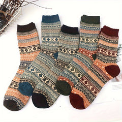 5 Pairs Men's Striped Crew Socks Wool Blend Warm Breathable Casual Unisex