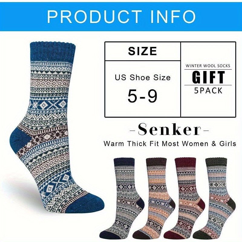 5 Pairs Wool Socks Winter Warm Soft Cozy Crew Socks Christmas Gift