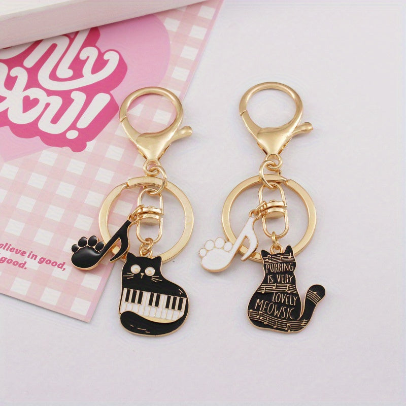 Cat & Piano Keychain Pendant for Car Keys Backpacks Wallets