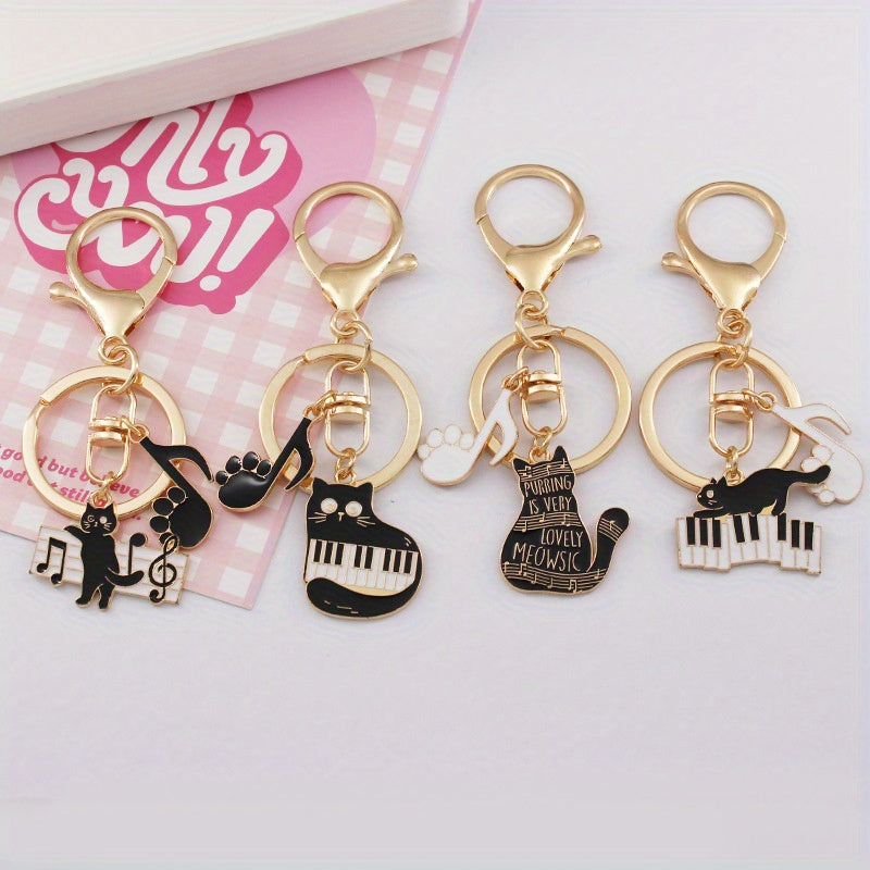 Cat & Piano Keychain Pendant for Car Keys Backpacks Wallets