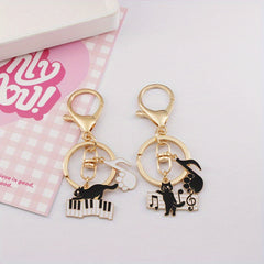 Cat & Piano Keychain Pendant for Car Keys Backpacks Wallets