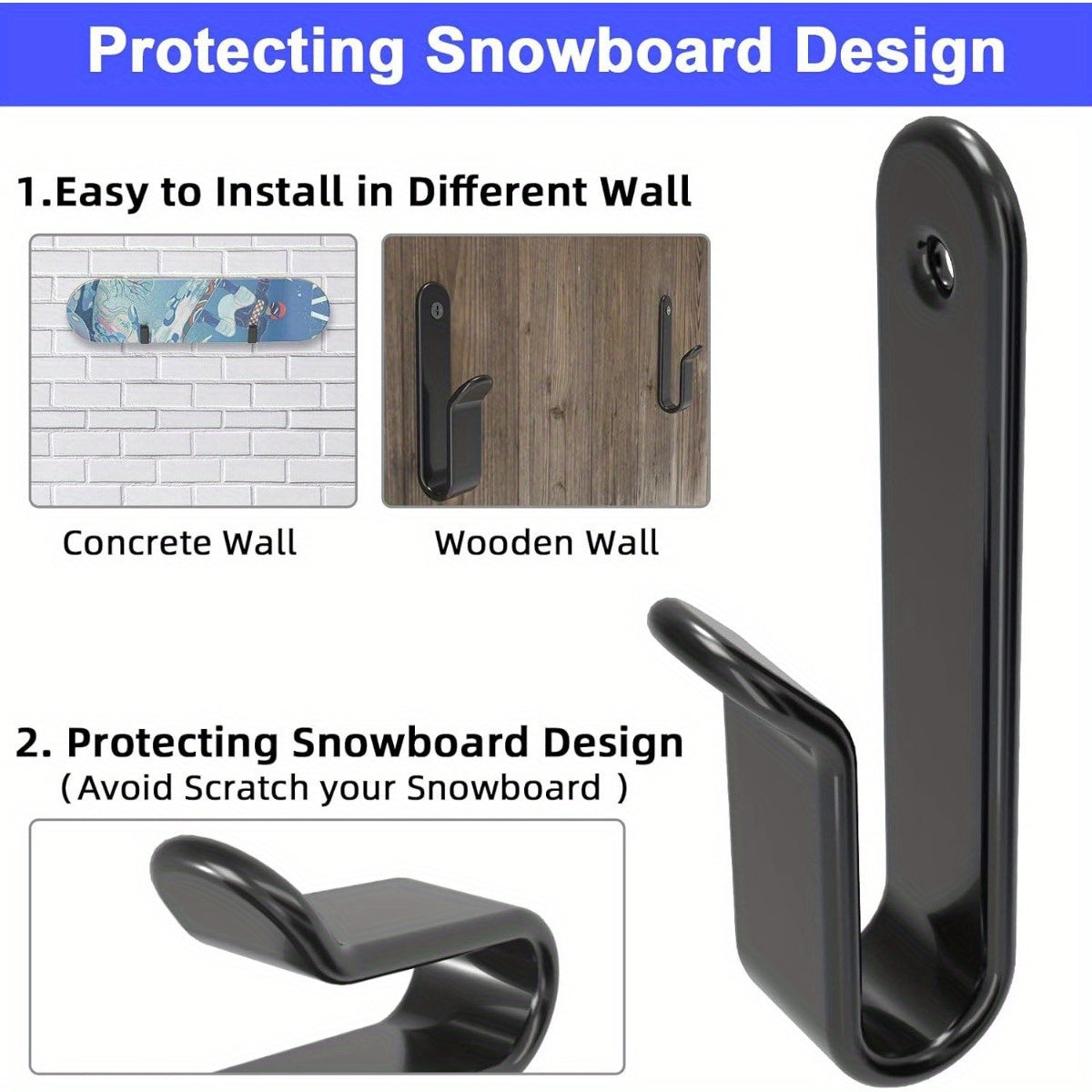 2pcs Horizontal Snowboard Clips Wall Mounted Display Rack