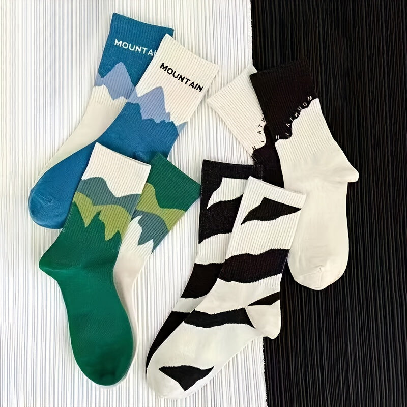 Teen's Block Illustration Crew Socks x4 Breathable Casual Unisex Socks