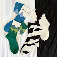 Teen's Block Illustration Crew Socks x4 Breathable Casual Unisex Socks
