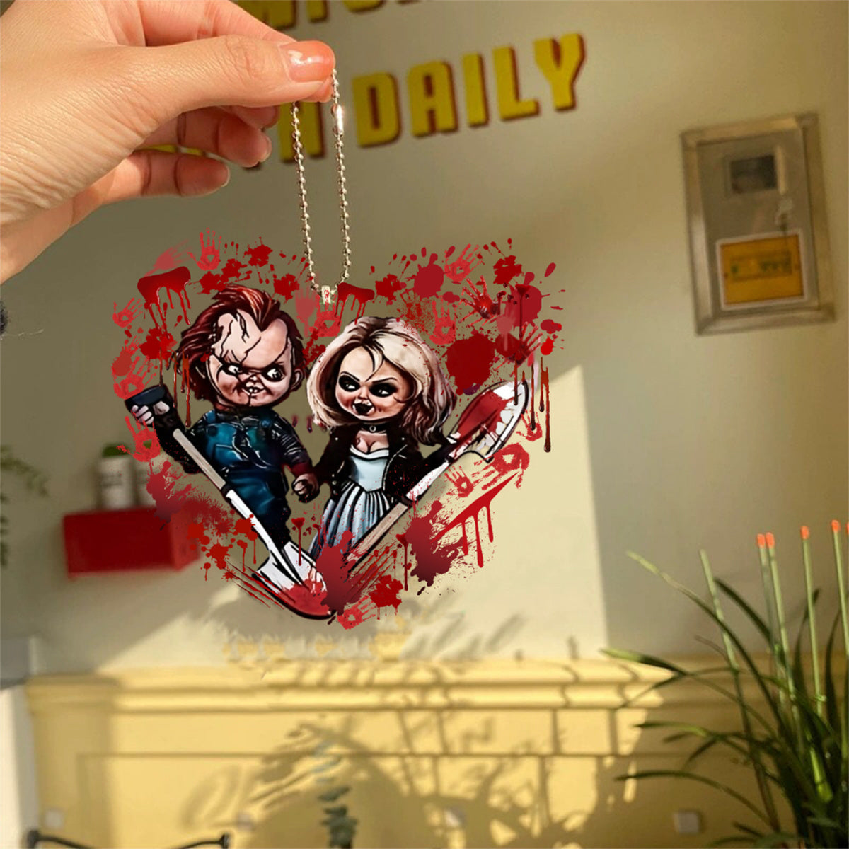 2D Acrylic Heart Horror Doll Car Rearview Mirror Pendant Keychain Holiday Gift