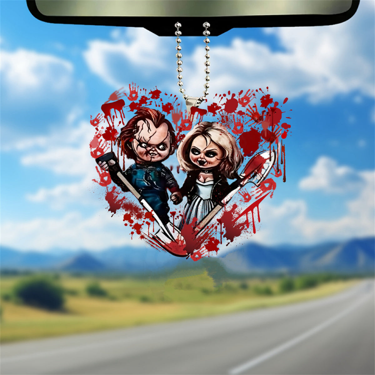 2D Acrylic Heart Horror Doll Car Rearview Mirror Pendant Keychain Holiday Gift