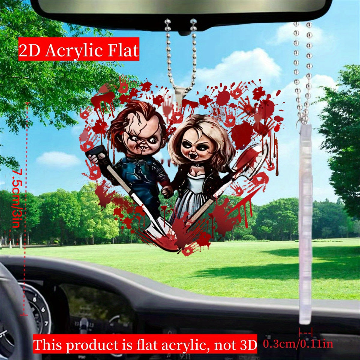2D Acrylic Heart Horror Doll Car Rearview Mirror Pendant Keychain Holiday Gift