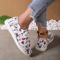 Women's Cartoon Animal Print Canvas Slip-on Shoes Lightweight Walking Flats