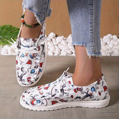 Women's Cartoon Animal Print Canvas Slip-on Shoes Lightweight Walking Flats