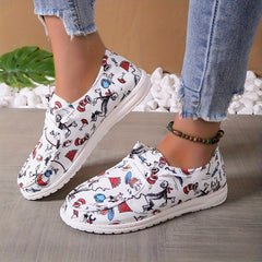 Women's Cartoon Animal Print Canvas Slip-on Shoes Lightweight Walking Flats