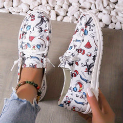 Women's Cartoon Animal Print Canvas Slip-on Shoes Lightweight Walking Flats